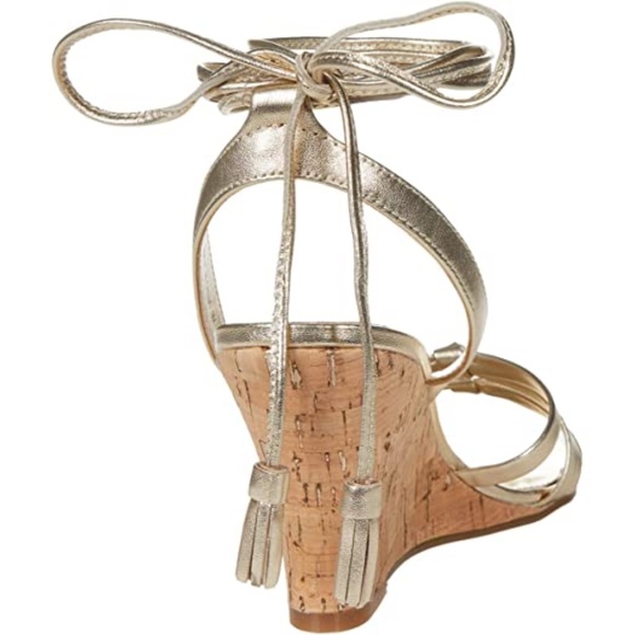 Lilly Pulitzer Casey Gold Metallic Leather Ankle Strap Heels Cork Wedge Sandal 7 - Picture 5 of 14